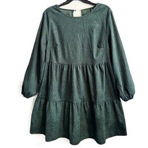 Baby Doll Bottle Green Rib-knit Fit Flare Ruffle Dress Midi Long Sleeve Plus 1XL